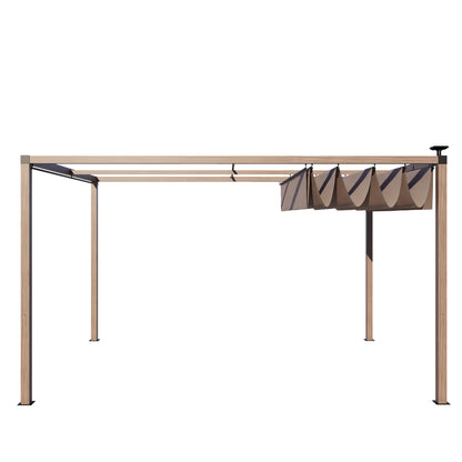 12 x 10 Ft Wood-Grain Aluminum Pergola Outdoor Pergola with Retractable Canopy Sun Shade Shelter for Garden, Patio, Backyard.