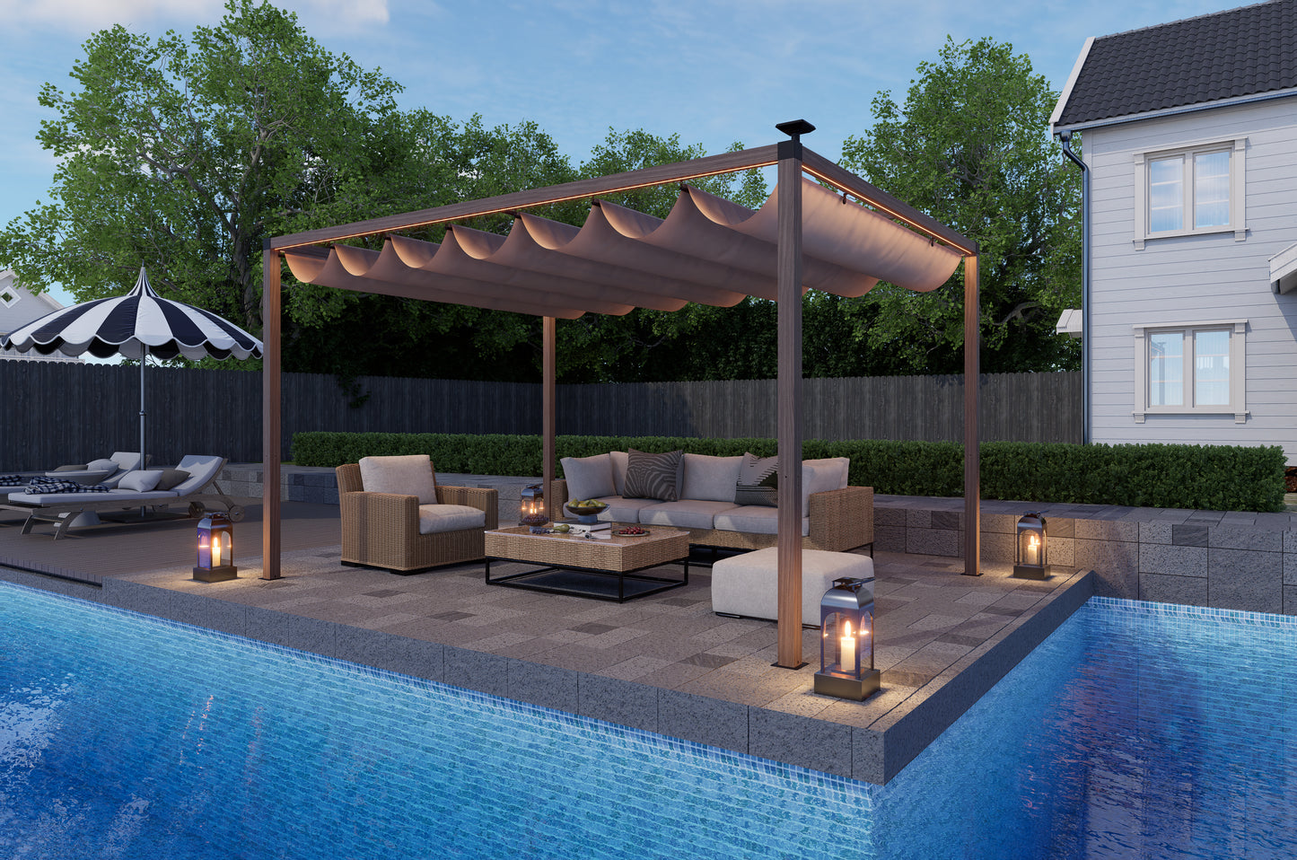 12 x 10 Ft Wood-Grain Aluminum Pergola Outdoor Pergola with Retractable Canopy Sun Shade Shelter for Garden, Patio, Backyard.