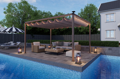 12 x 10 Ft Wood-Grain Aluminum Pergola Outdoor Pergola with Retractable Canopy Sun Shade Shelter for Garden, Patio, Backyard.
