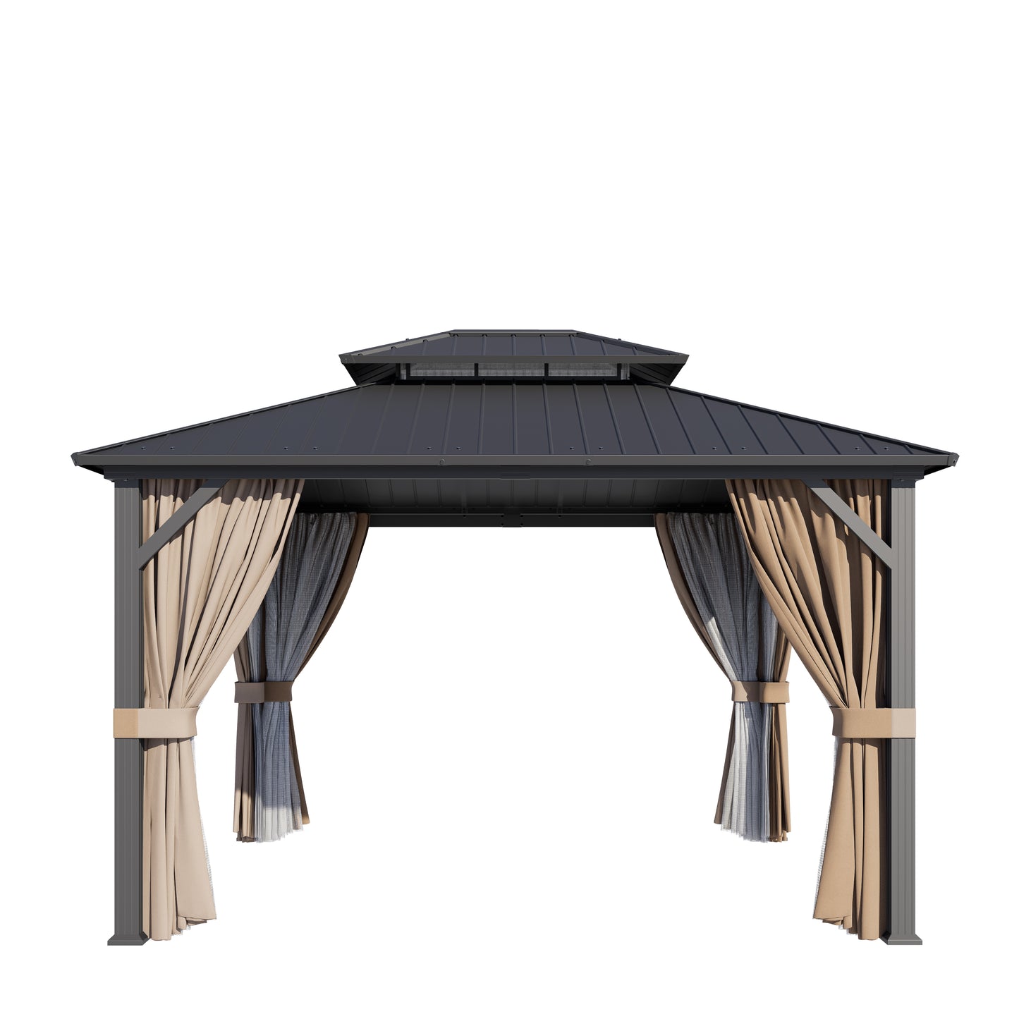 12x10 ft   Permanent Hardtop Gazebo Aluminum Gazebo with Galvanized Steel Double Roof for Patio Lawn and Garden, Curtains and Netting Included, black