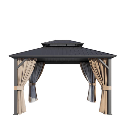12x10 ft   Permanent Hardtop Gazebo Aluminum Gazebo with Galvanized Steel Double Roof for Patio Lawn and Garden, Curtains and Netting Included, black