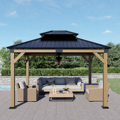 12x10 ft  fir Wood Gazebo with Sunlight Roof , Hardtop Gazebo with Galvanized Steel Double Roof, Heavy Duty Pavilion for Patio Lawn and Garden