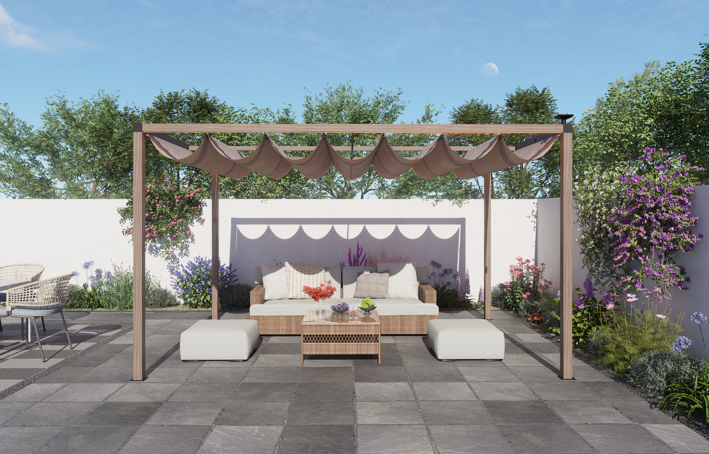 12 x 10 Ft Wood-Grain Aluminum Pergola Outdoor Pergola with Retractable Canopy Sun Shade Shelter for Garden, Patio, Backyard.