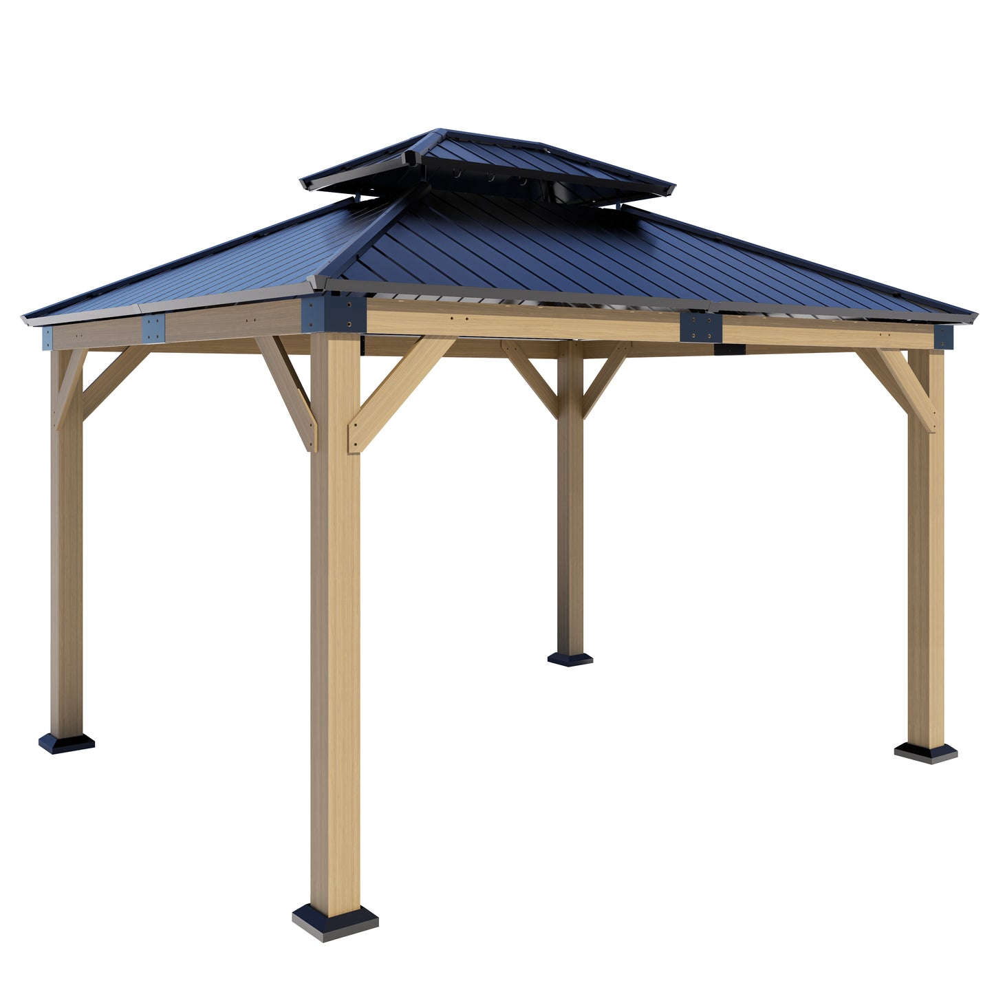 12x10 ft  fir Wood Gazebo with Sunlight Roof , Hardtop Gazebo with Galvanized Steel Double Roof, Heavy Duty Pavilion for Patio Lawn and Garden