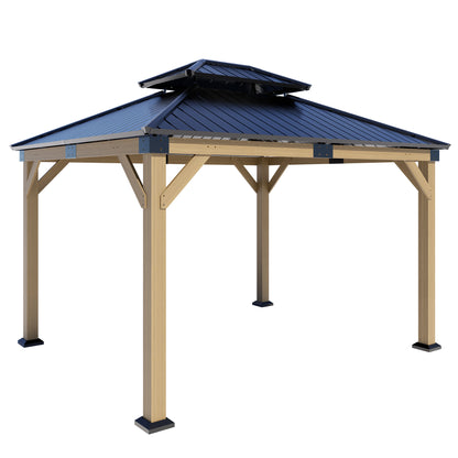 12x10 ft  fir Wood Gazebo with Sunlight Roof , Hardtop Gazebo with Galvanized Steel Double Roof, Heavy Duty Pavilion for Patio Lawn and Garden