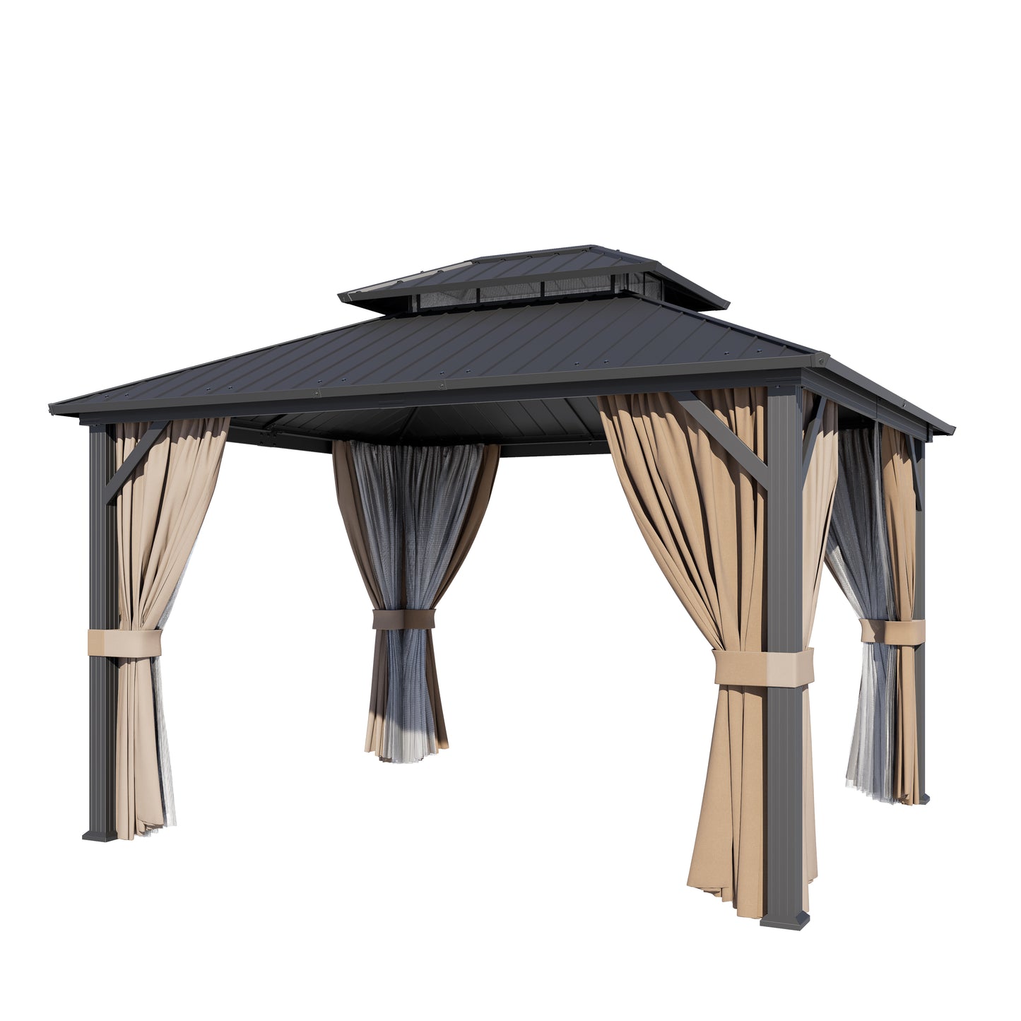 12x10 ft   Permanent Hardtop Gazebo Aluminum Gazebo with Galvanized Steel Double Roof for Patio Lawn and Garden, Curtains and Netting Included, black