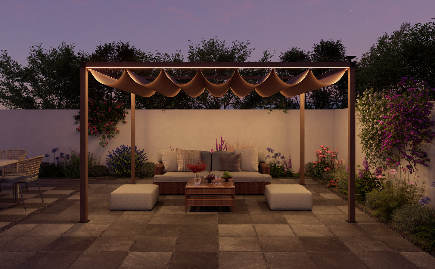 12 x 10 Ft Wood-Grain Aluminum Pergola Outdoor Pergola with Retractable Canopy Sun Shade Shelter for Garden, Patio, Backyard.