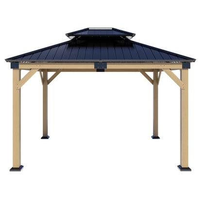 12x10 ft  fir Wood Gazebo with Sunlight Roof , Hardtop Gazebo with Galvanized Steel Double Roof, Heavy Duty Pavilion for Patio Lawn and Garden