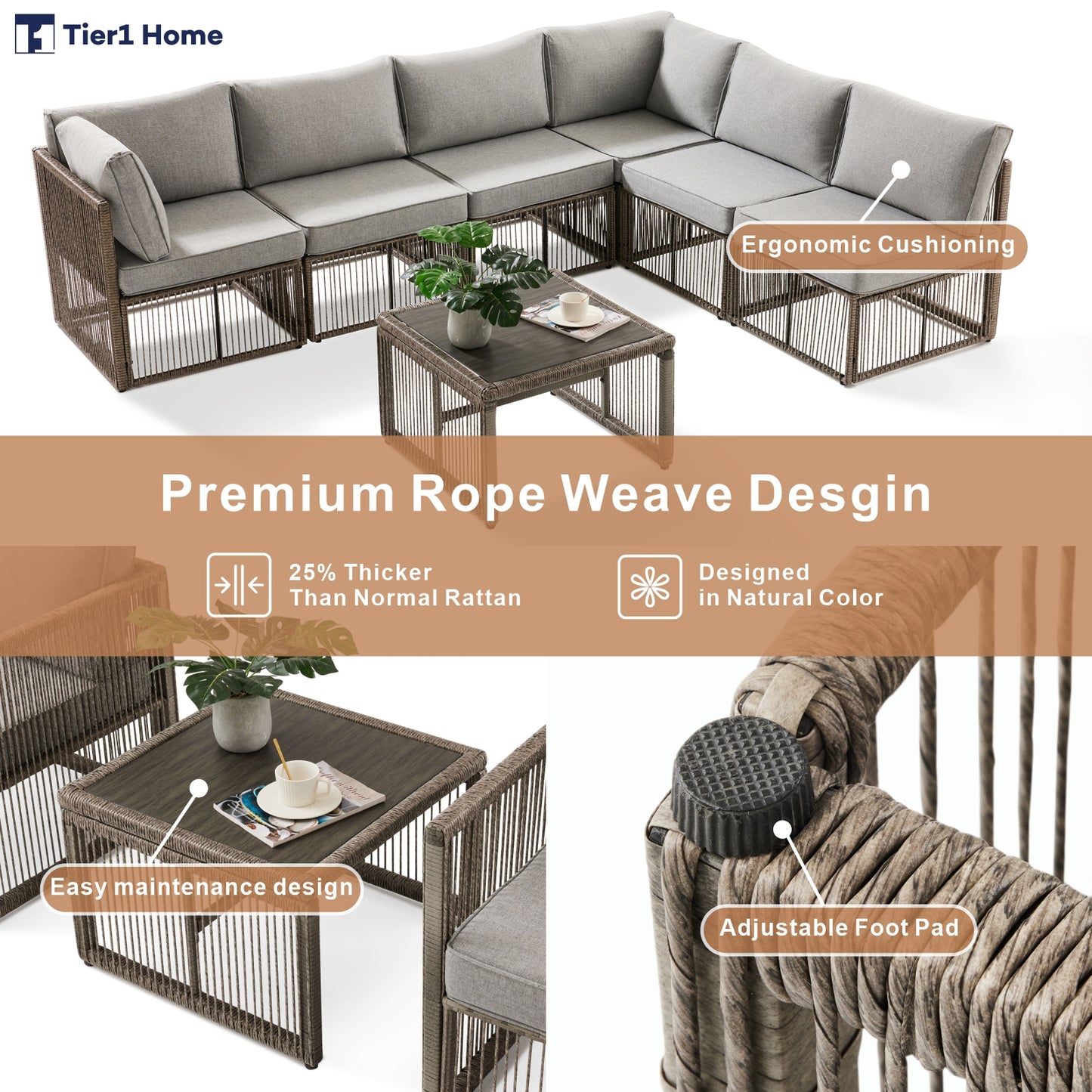 7 Piece Outdoor Patio Furniture Set-Grey, Wicker Sectional Sofa,Thick Cushions, All Weather Rattan Conversation Sets with Arm Chairs and Coffee Table for Backyard, Porch, Balcony, Deck, Garden