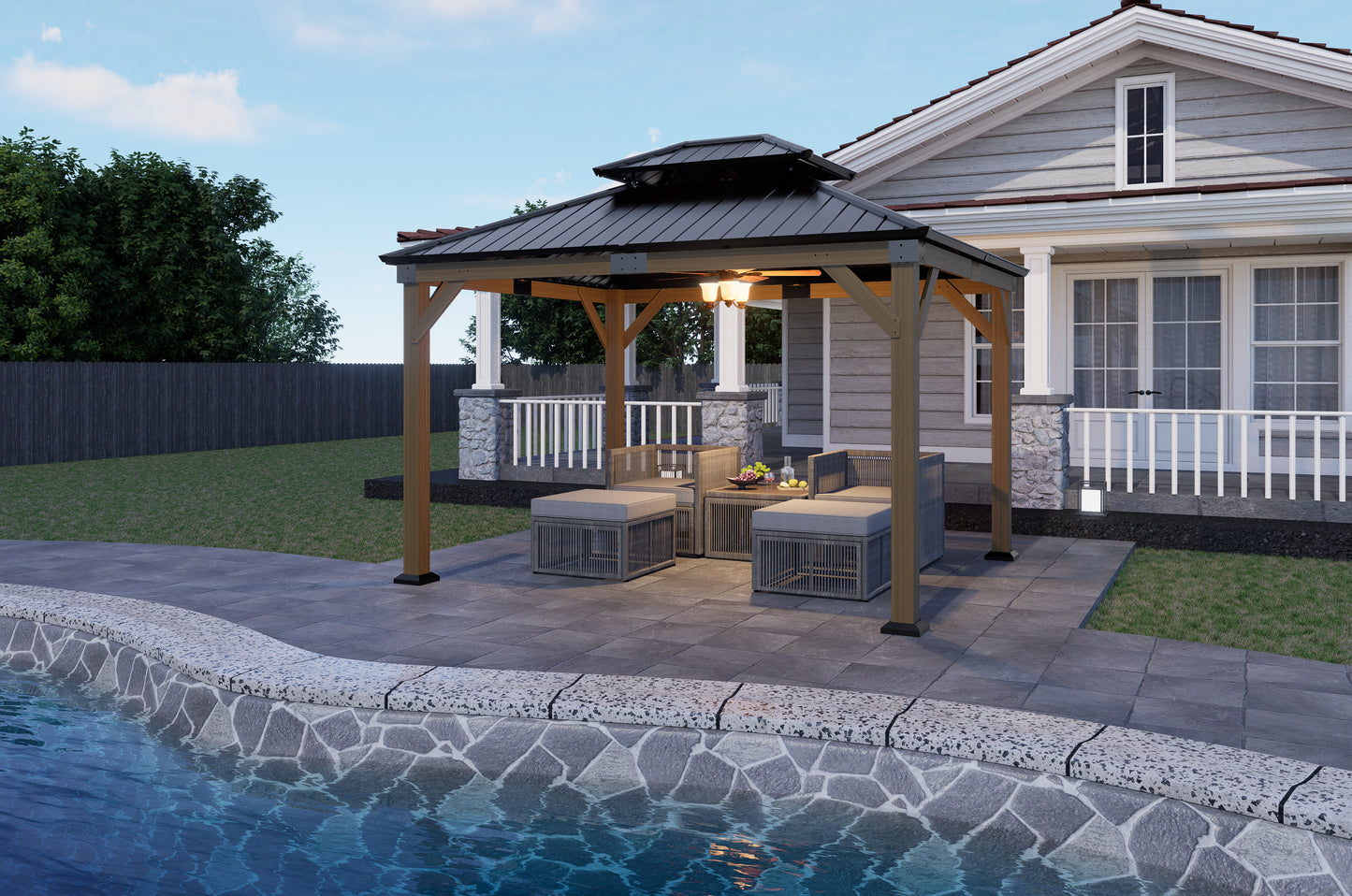 12x10 ft  fir Wood Gazebo with Sunlight Roof , Hardtop Gazebo with Galvanized Steel Double Roof, Heavy Duty Pavilion for Patio Lawn and Garden