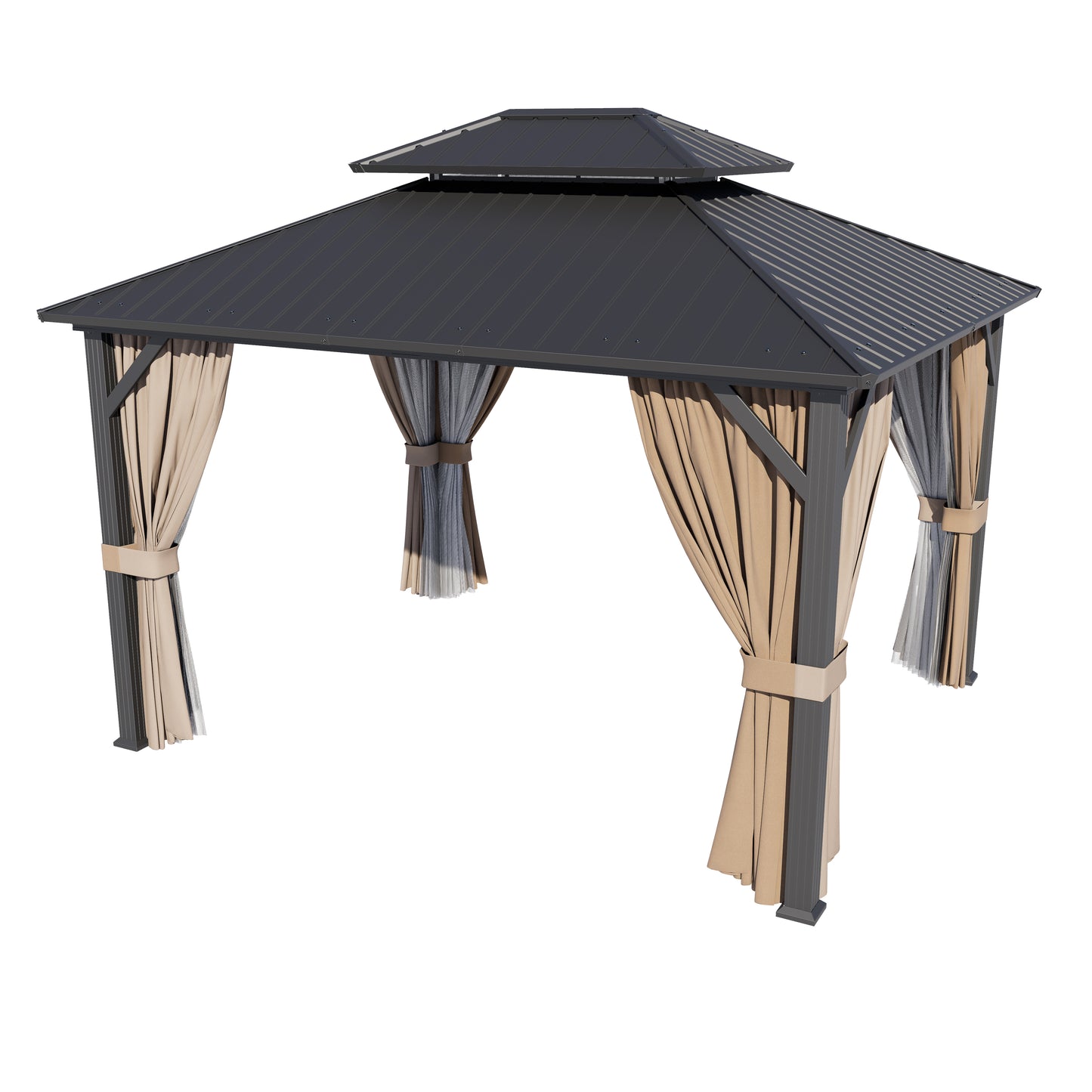 12x10 ft   Permanent Hardtop Gazebo Aluminum Gazebo with Galvanized Steel Double Roof for Patio Lawn and Garden, Curtains and Netting Included, black