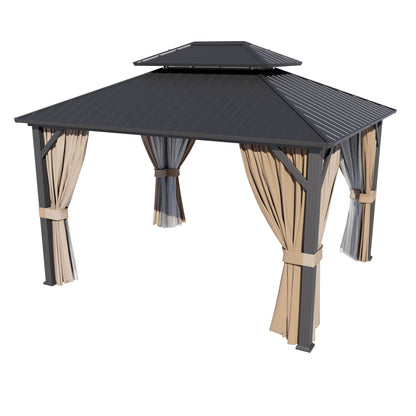 12x10 ft   Permanent Hardtop Gazebo Aluminum Gazebo with Galvanized Steel Double Roof for Patio Lawn and Garden, Curtains and Netting Included, black