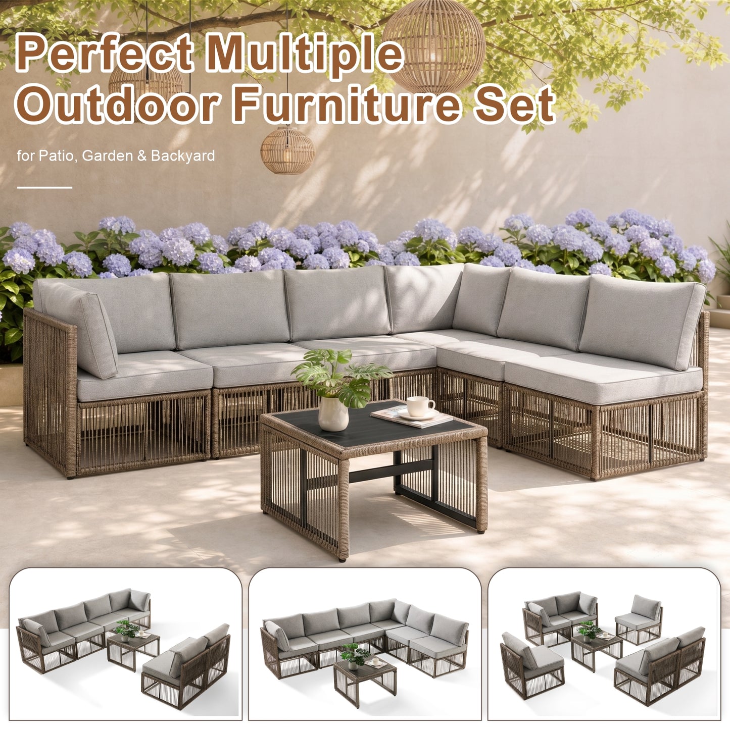 7 Piece Outdoor Patio Furniture Set-Grey, Wicker Sectional Sofa,Thick Cushions, All Weather Rattan Conversation Sets with Arm Chairs and Coffee Table for Backyard, Porch, Balcony, Deck, Garden