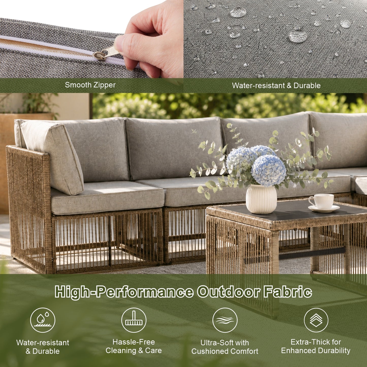 7 Piece Outdoor Patio Furniture Set-Grey, Wicker Sectional Sofa,Thick Cushions, All Weather Rattan Conversation Sets with Arm Chairs and Coffee Table for Backyard, Porch, Balcony, Deck, Garden