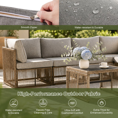 7 Piece Outdoor Patio Furniture Set-Grey, Wicker Sectional Sofa,Thick Cushions, All Weather Rattan Conversation Sets with Arm Chairs and Coffee Table for Backyard, Porch, Balcony, Deck, Garden