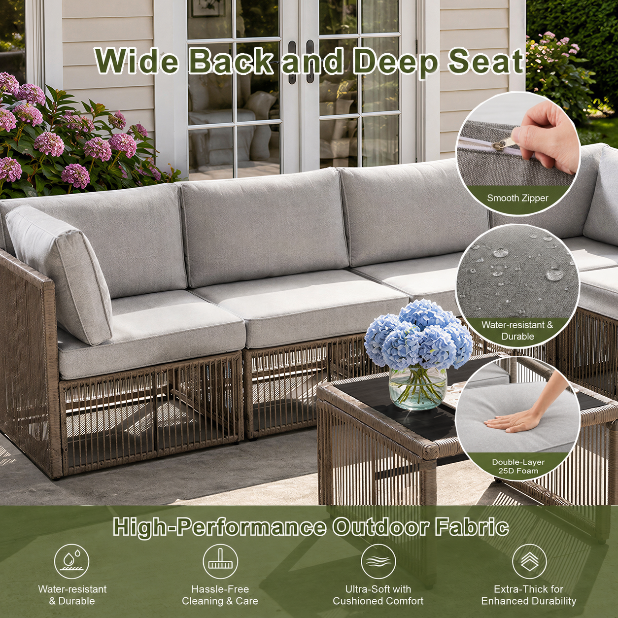 7 Piece Outdoor Patio Furniture Set-Grey, Wicker Sectional Sofa,Thick Cushions, All Weather Rattan Conversation Sets with Arm Chairs and Coffee Table for Backyard, Porch, Balcony, Deck, Garden