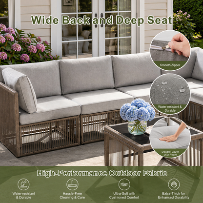 7 Piece Outdoor Patio Furniture Set-Grey, Wicker Sectional Sofa,Thick Cushions, All Weather Rattan Conversation Sets with Arm Chairs and Coffee Table for Backyard, Porch, Balcony, Deck, Garden