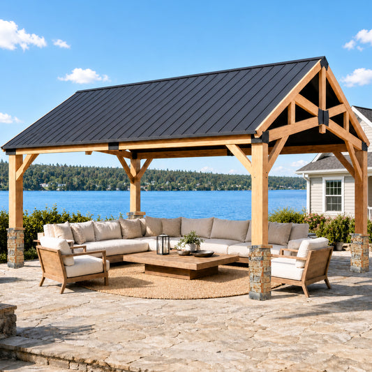 12' x 16' Outdoor Wood Gazebo with Faux Stone Column Wrap, Cedar Hardtop Wooden Pavilion with Galvanized Steel Metal Roof, Decorative Pillar Covers for Gazebos, Porch and Patio