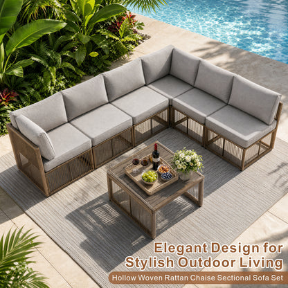 7 Piece Outdoor Patio Furniture Set-Grey, Wicker Sectional Sofa,Thick Cushions, All Weather Rattan Conversation Sets with Arm Chairs and Coffee Table for Backyard, Porch, Balcony, Deck, Garden
