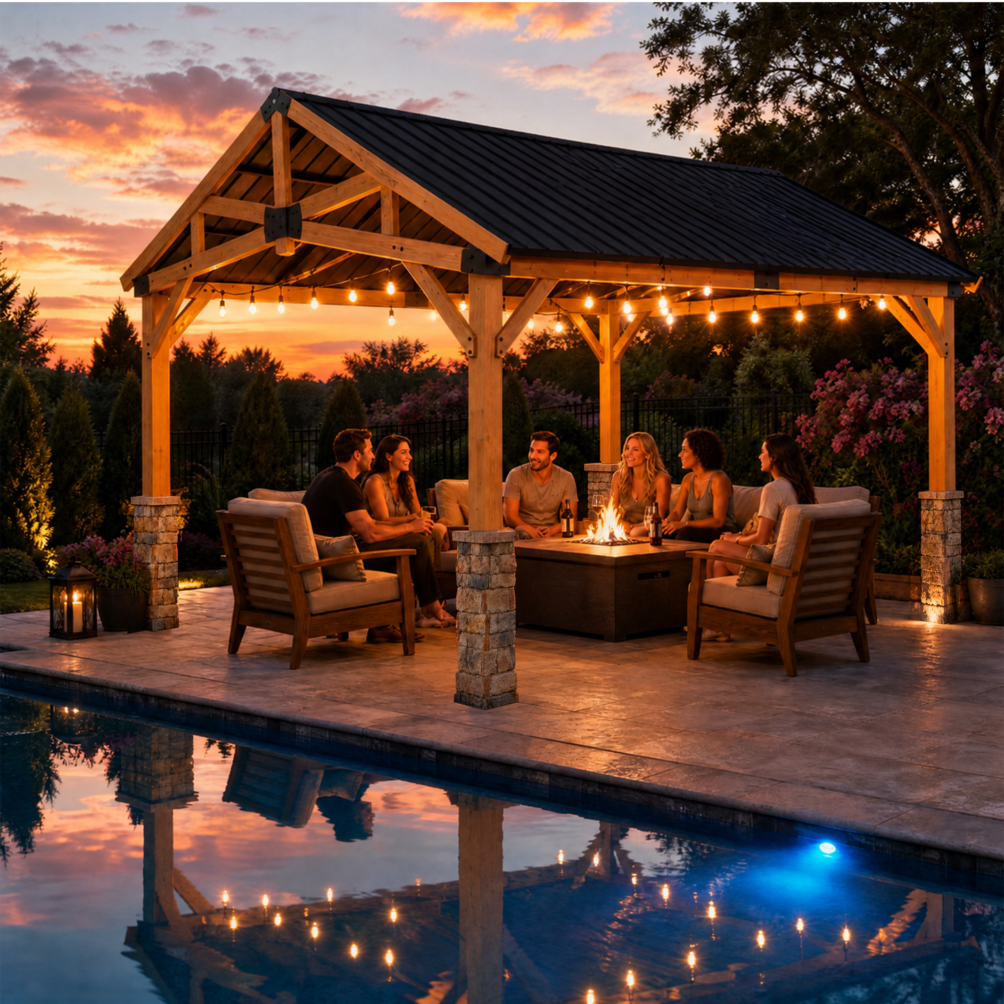 10' x 12' Wood Gazebo, Permanent Pavilion with Hardtop Galvanized Steel Double Roof, Cedar Gazebo with 4.72" Thickened Wooden Posts for Poolside, Patio, Backyard, Garden and Deck