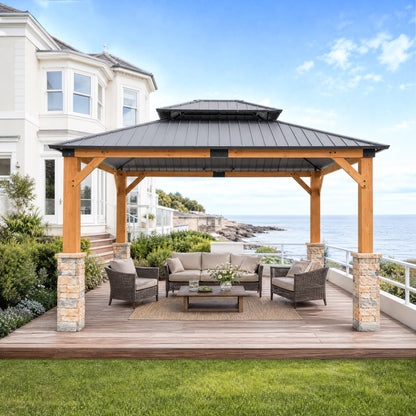 10' x 12' Wood Gazebo, Permanent Pavilion with Hardtop Galvanized Steel Double Roof, Cedar Gazebo with 4.72" Thickened Wooden Posts for Poolside, Patio, Backyard, Garden and Deck
