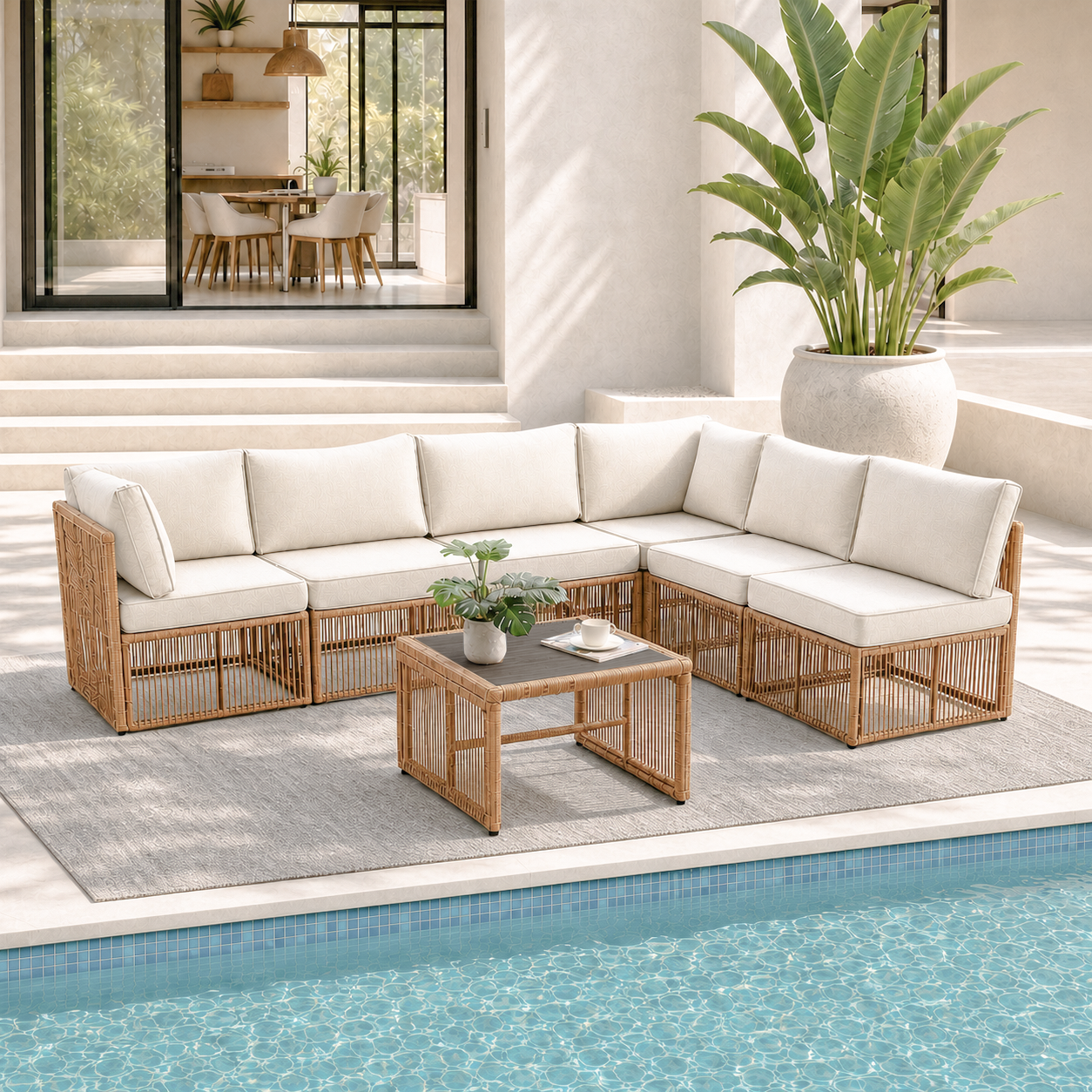 7 Piece Outdoor Patio Furniture Set-Beige, Wicker Sectional Sofa,Thick Cushions, All Weather Rattan Conversation Sets with Arm Chairs and Coffee Table for Backyard, Porch, Balcony, Deck, Garden