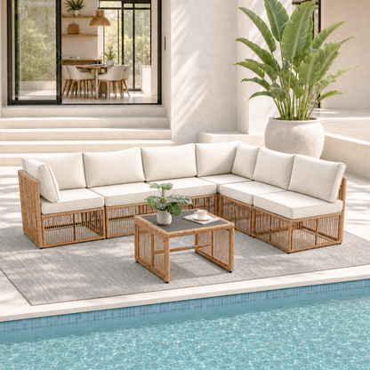 7 Piece Outdoor Patio Furniture Set-Beige, Wicker Sectional Sofa,Thick Cushions, All Weather Rattan Conversation Sets with Arm Chairs and Coffee Table for Backyard, Porch, Balcony, Deck, Garden