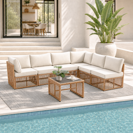 7 Piece Outdoor Patio Furniture Set-Beige, Wicker Sectional Sofa,Thick Cushions, All Weather Rattan Conversation Sets with Arm Chairs and Coffee Table for Backyard, Porch, Balcony, Deck, Garden