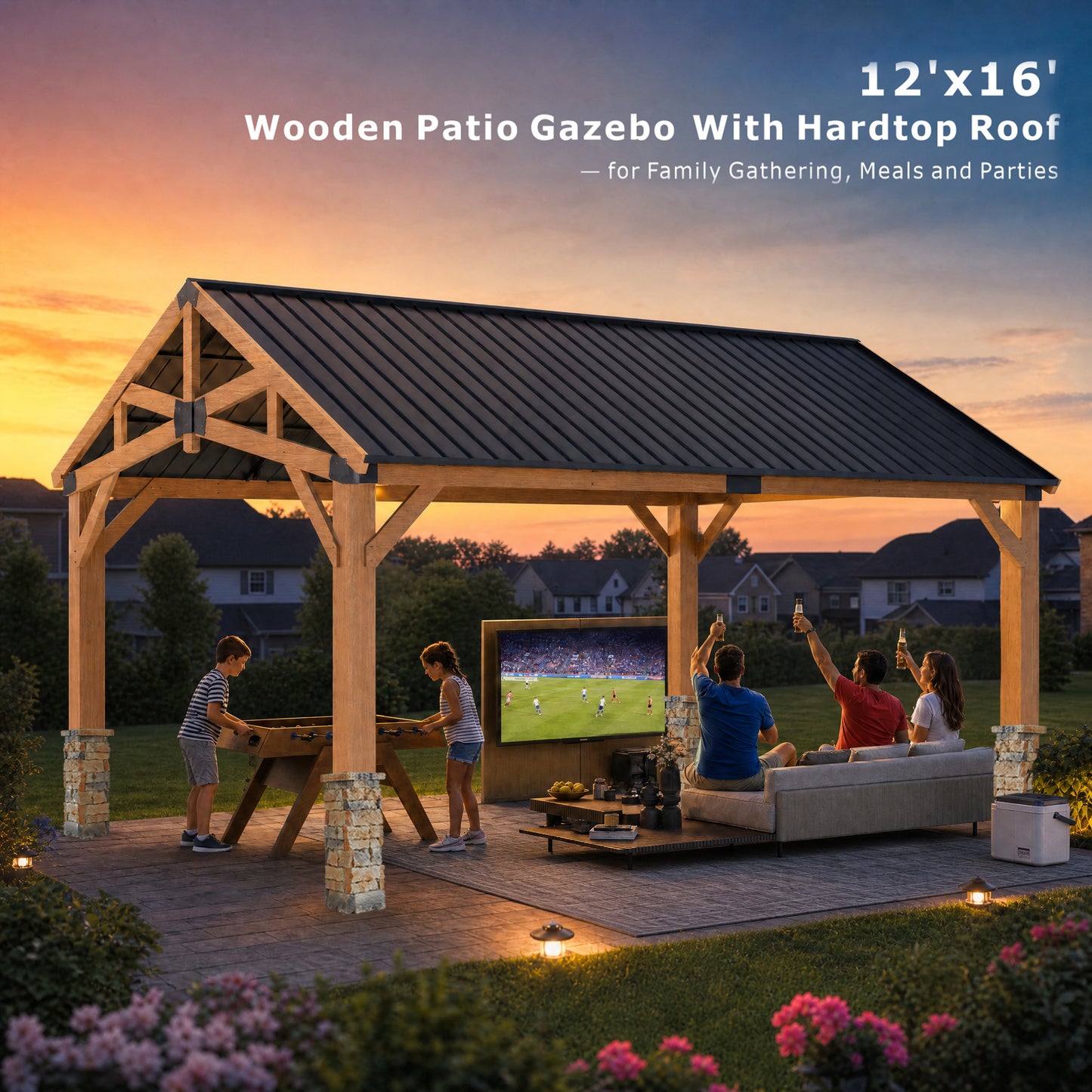 12' x 16' Outdoor Wood Gazebo with Faux Stone Column Wrap, Cedar Hardtop Wooden Pavilion with Galvanized Steel Metal Roof, Decorative Pillar Covers for Gazebos, Porch and Patio