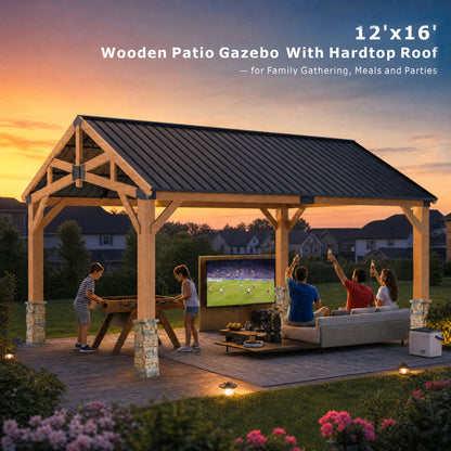 12' x 16' Outdoor Wood Gazebo with Faux Stone Column Wrap, Cedar Hardtop Wooden Pavilion with Galvanized Steel Metal Roof, Decorative Pillar Covers for Gazebos, Porch and Patio